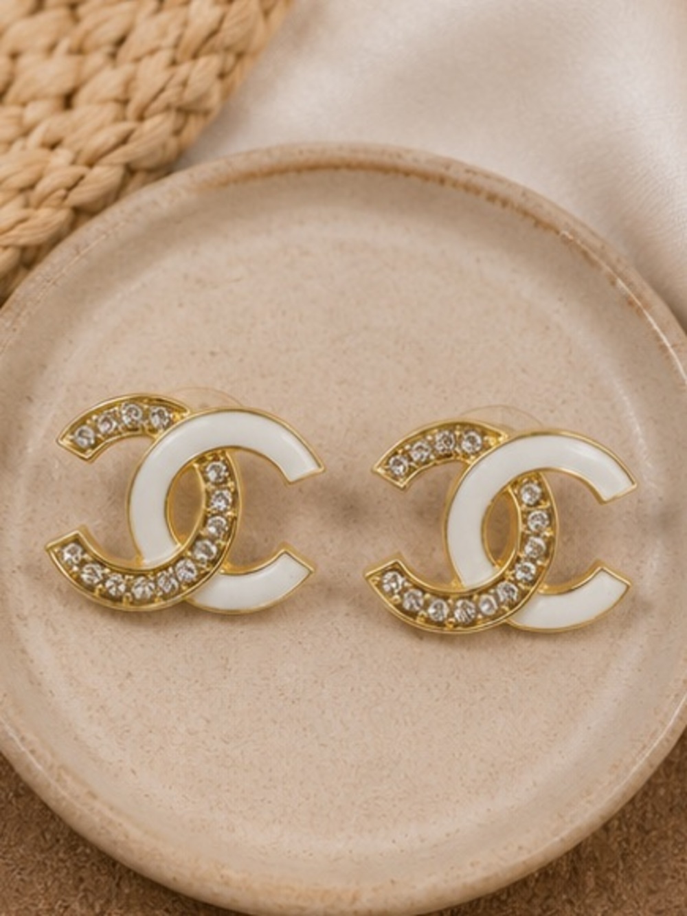 Designer Inspired White Enamel Crystal Stud Earrings